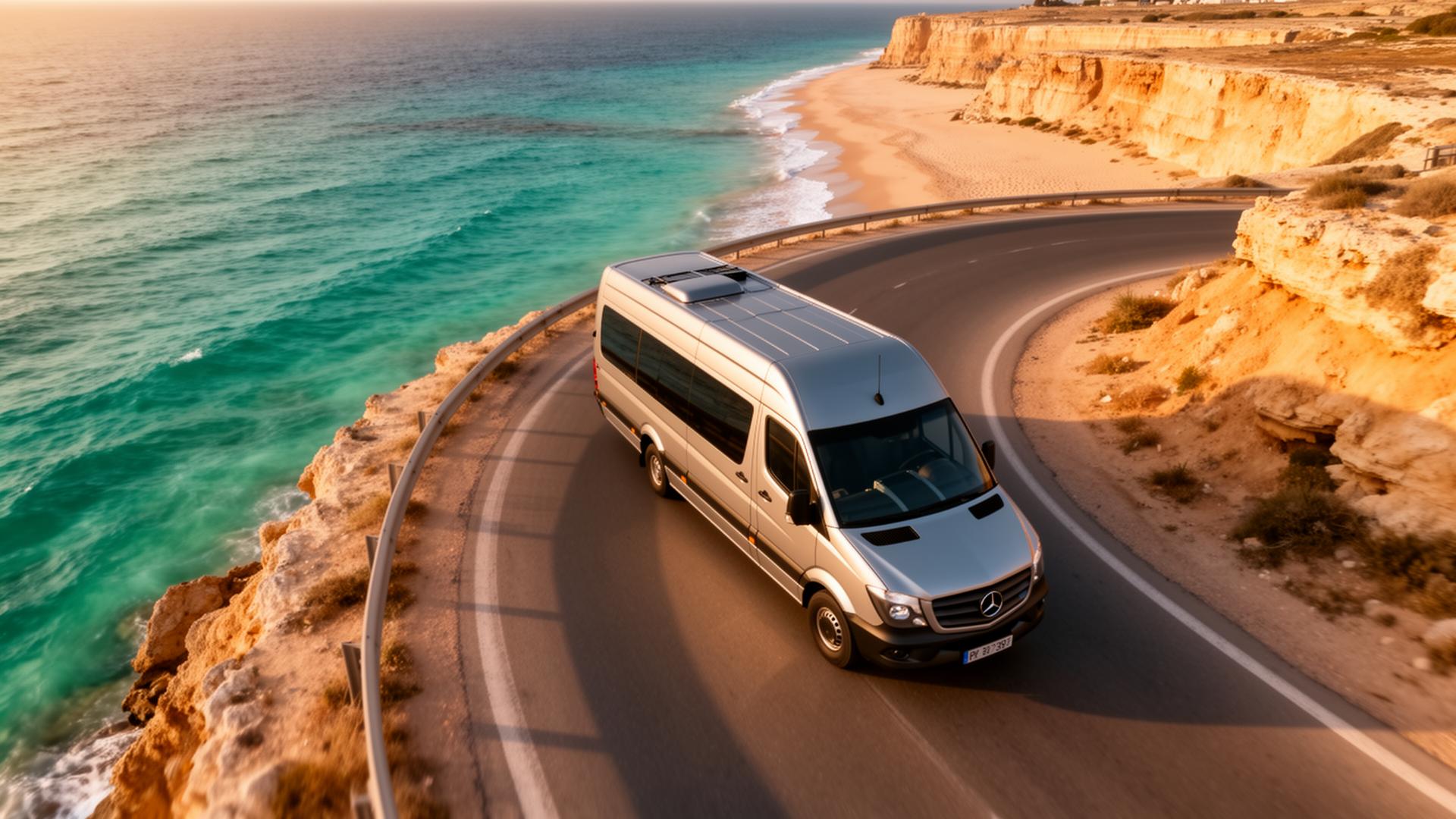 Vue drone d'un Mercedes Sprinter sur une route côtière en Israël